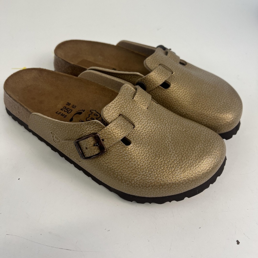 Birki's Clog Shoes Womens 8 Gold Birkenstock Buckle Slip On Comfort Fussbett